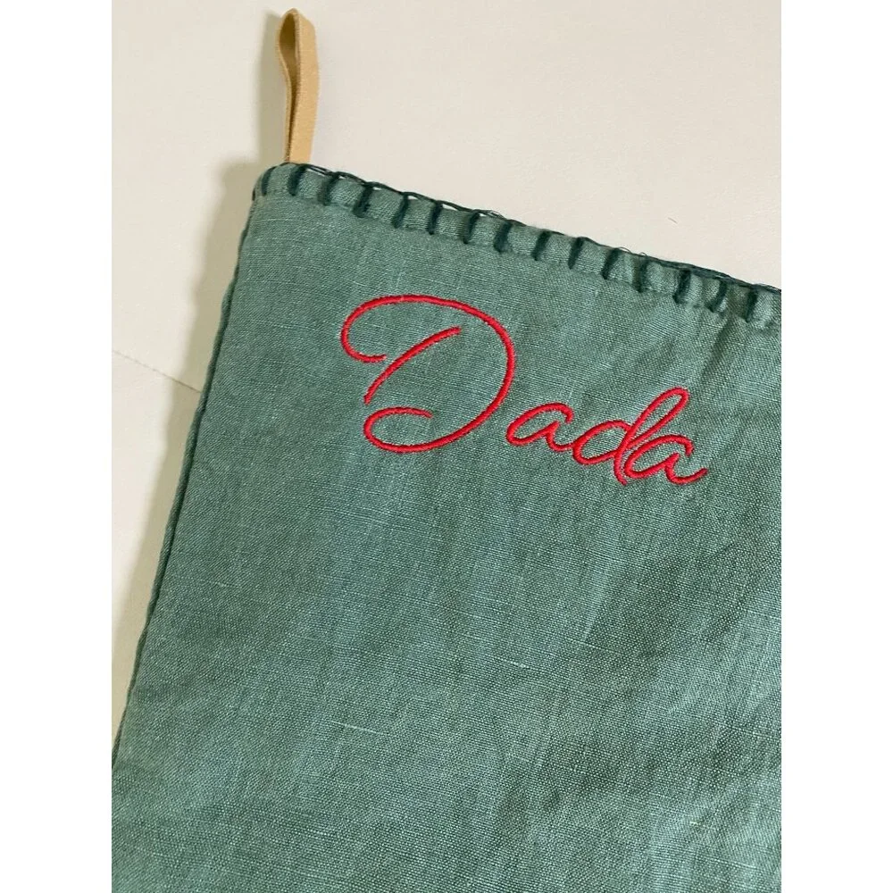 Crate &‎ Barrel Green Linen Christmas Stocking Red 